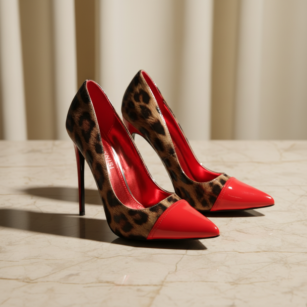 Leopard Print Stiletto Pumps | Red Pointed Toe & Gold Hardware Designer Heels