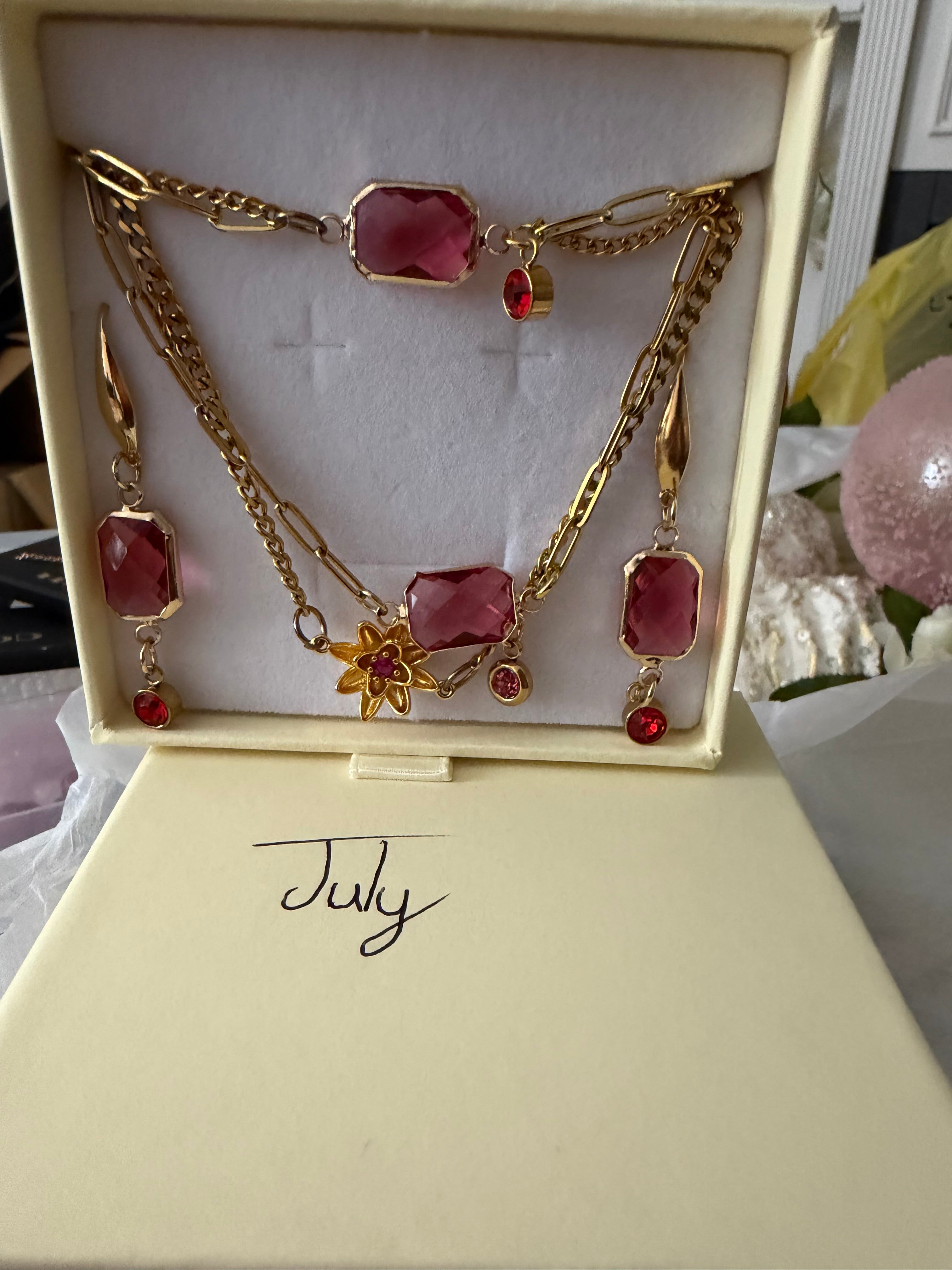 18k Gold PVD Birth Month double layered pendant Necklace, Bracelet and Earrings 3 pce set.