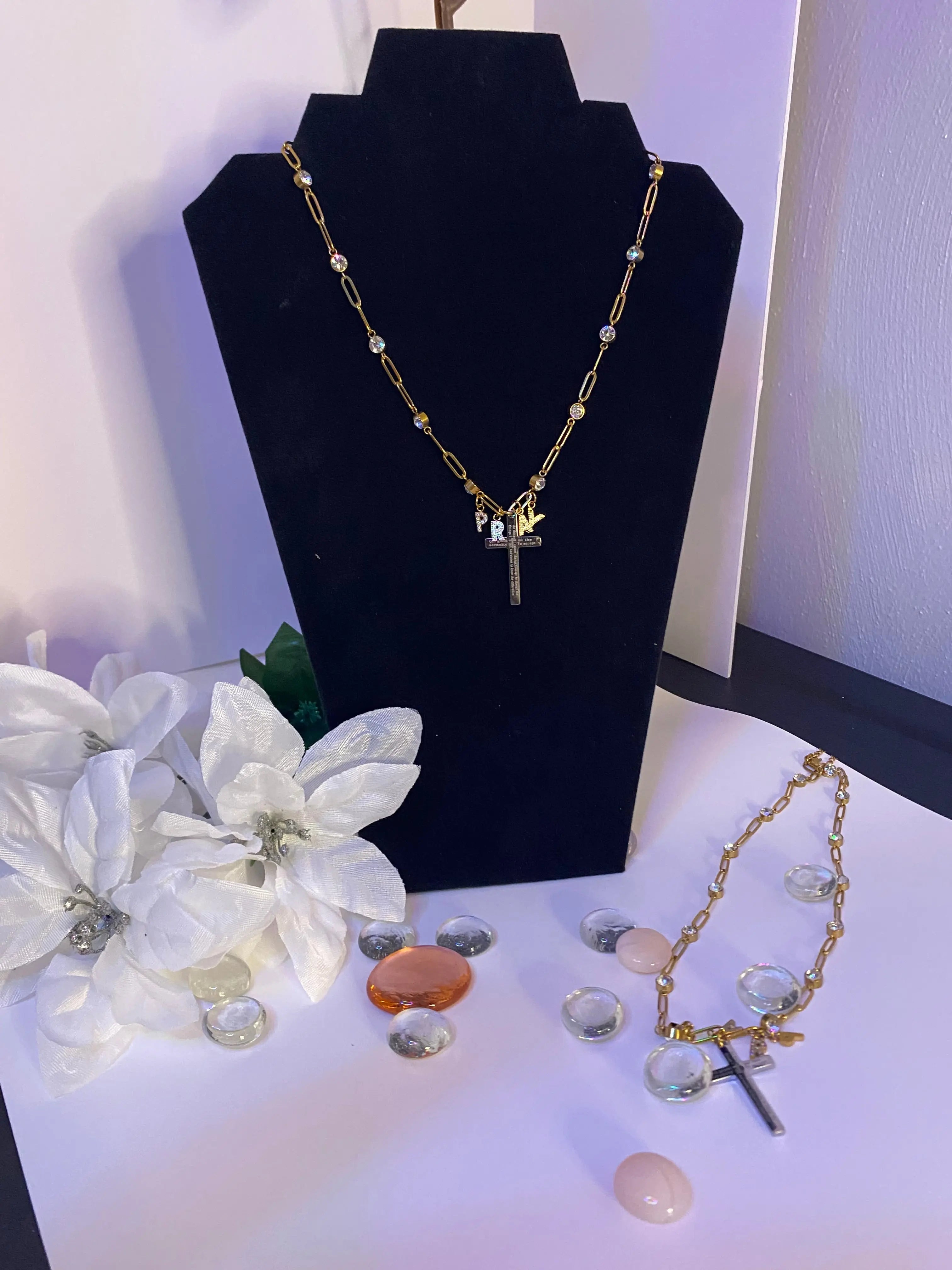 18K Gold PVD “PRAY” Cross Charm Necklace – Non-Tarnish Stainless Steel with CZ Accents - JNi3 shop