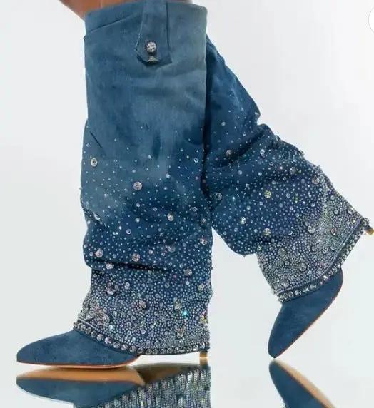 Heavy Industry Pointed Toe Stiletto Rhinestone Women's Boots Jeans Pipe Boots Cjdropshipping