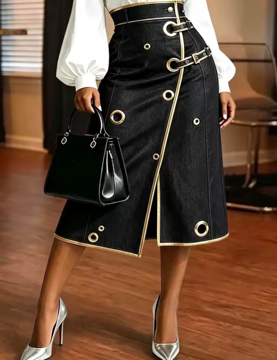 High Waisted Denim Collection - Gold Trim Wide Leg Pants & Asymmetric Midi Skirt with Buckle & Grommet Detail