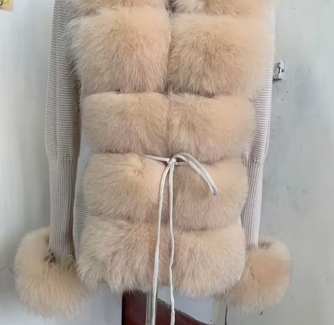 Luxury Real Fox Fur Cardigan with Sleeves & Cuffs | Handcrafted Knit Wool Blend Sweater with Genuine Fox Fur Trim