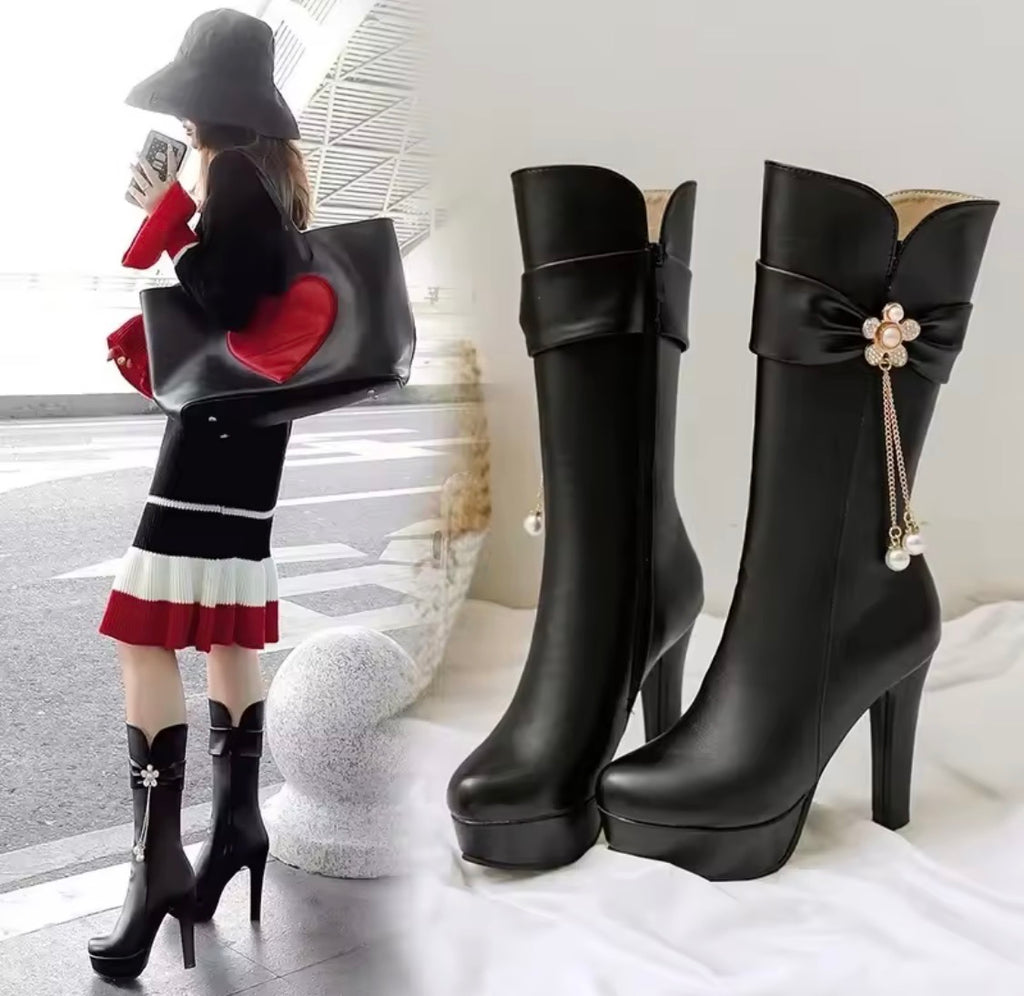 Women’s High Heel Platform Mid-Calf Boots – Elegant Bow Pearl Tassel Dress Boots