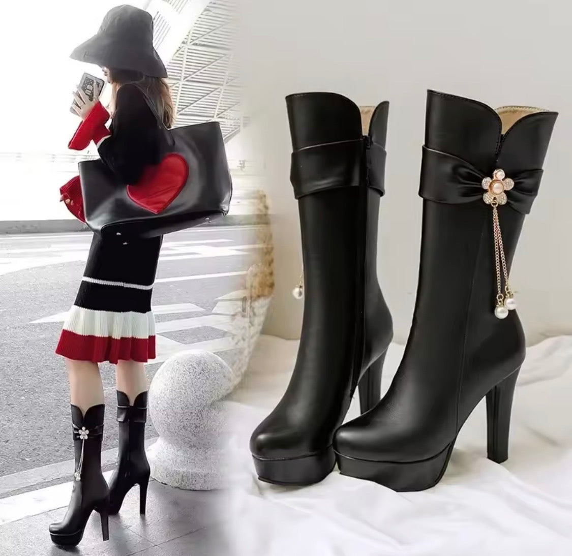 Women’s High Heel Platform Mid-Calf Boots – Elegant Bow Pearl Tassel Dress Boots