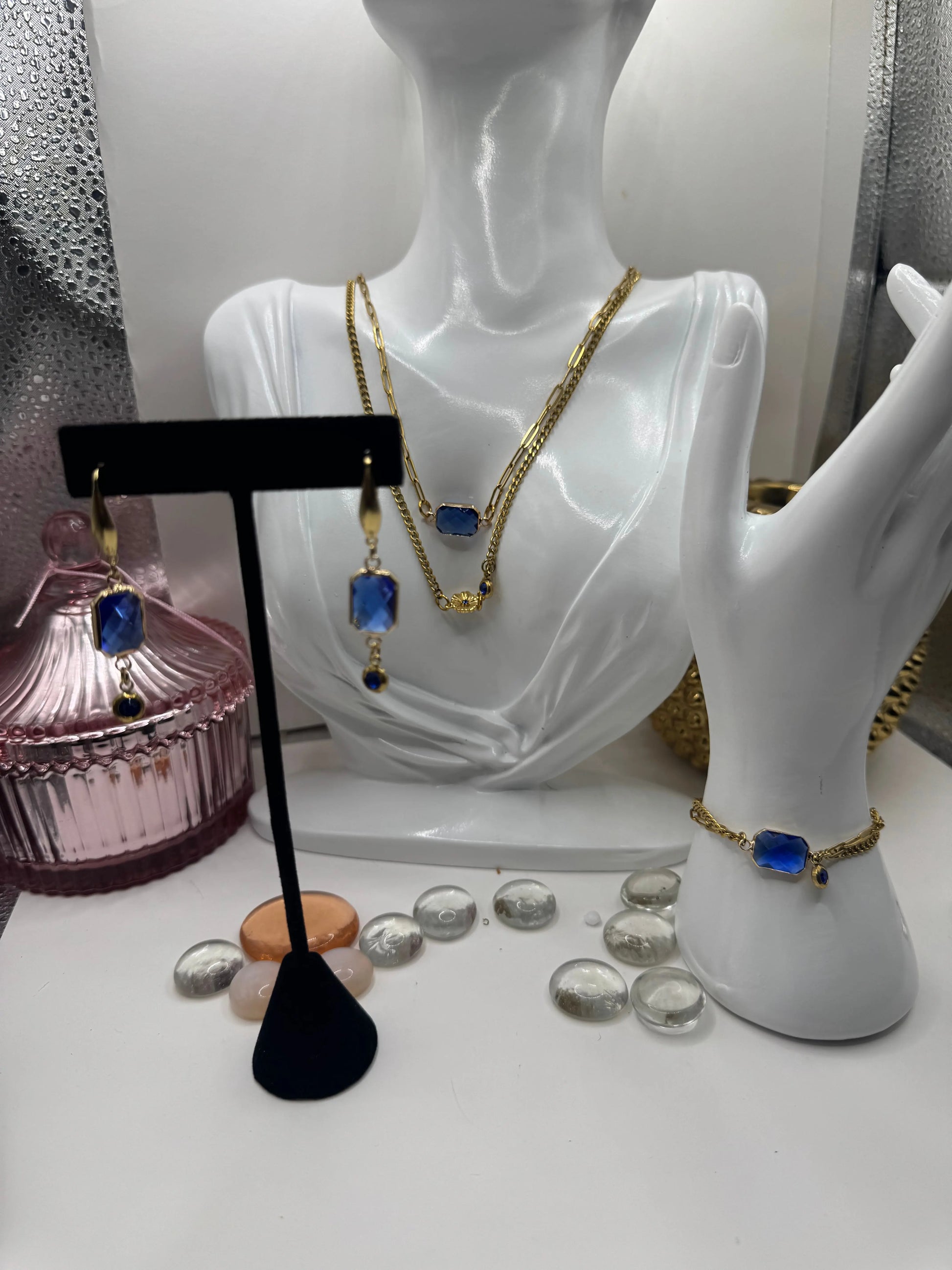 18k Gold PVD Birth Month double layered pendant Necklace, Bracelet and Earrings 3 pce set. - JNi3 shop
