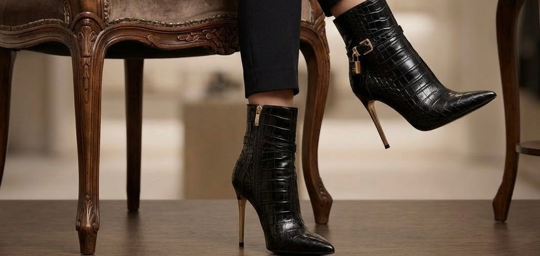 Black Boot and Bag Set | Croc Embossed Ankle Booties or Quilted Over The Knee Boots with Matching Shoulder Bag Set