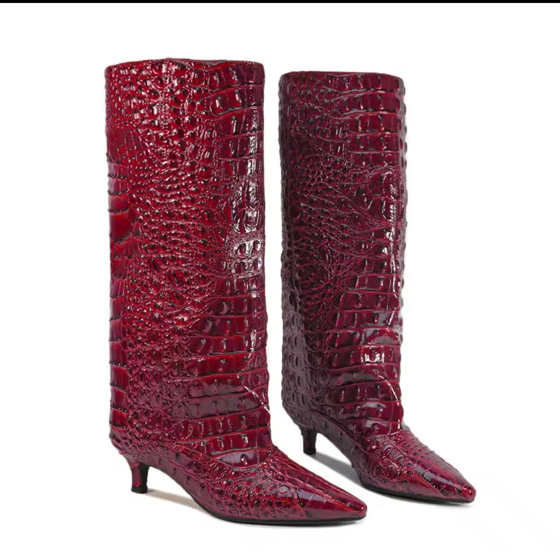 Women’s Slouch Knee-High Boots — Pointed-Toe Kitten Heel Crocodile Embossed Long Boots
