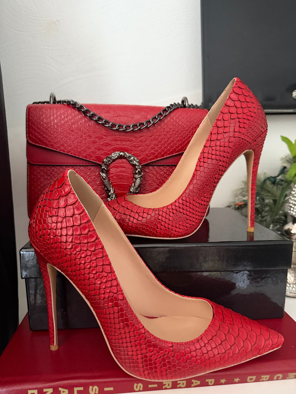 Red Snakeskin Heels and Purse Set | Cobra Print Stiletto Pumps and Dionysus Style Crossbody Bag | Red Crocodile Clutch with Gold Chain | Snakeskin Gift Set for Her