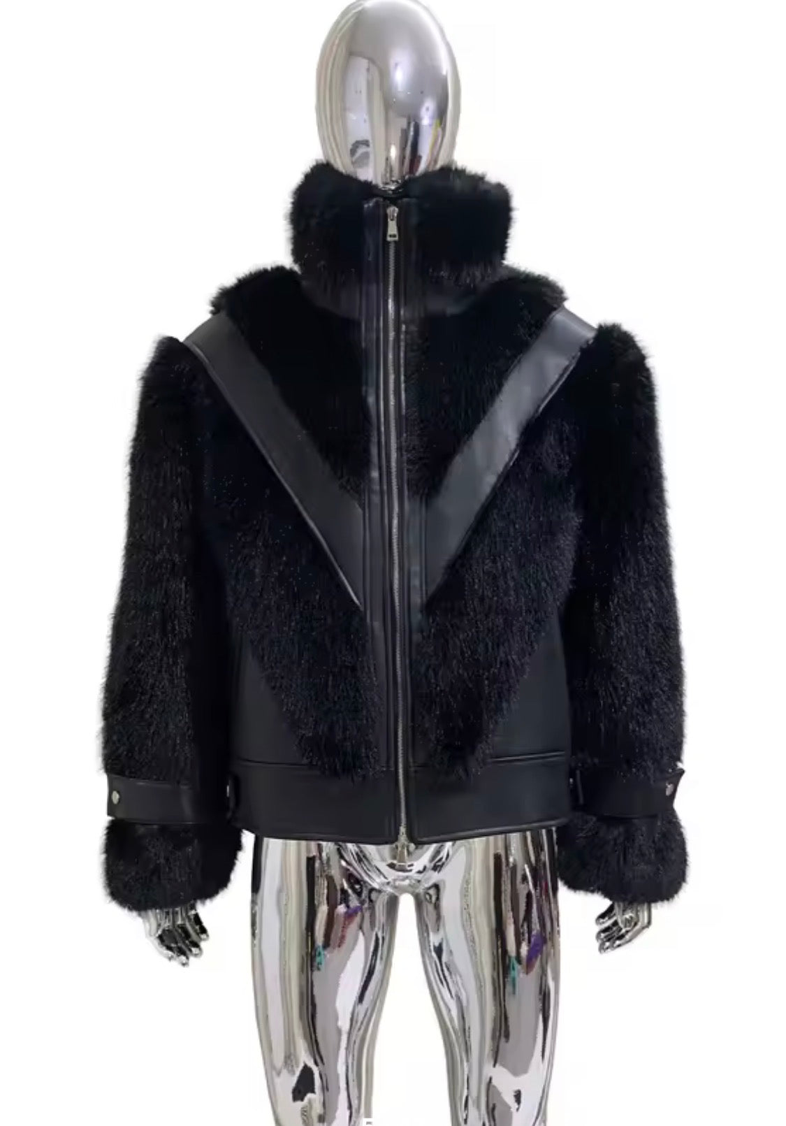 Men's Luxury Faux Fur & Leather Bomber Jacket – Winter Statement Outerwear with Stand Collar & Buckle Cuffs