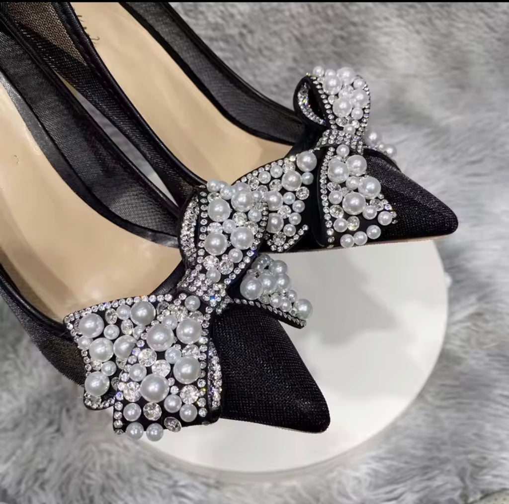 Black Lace Mesh High Heels with Bow Accents | Pointed Toe Stiletto Pumps | Pearl, Rhinestone & Classic Lace Wedding & Evening Shoeshine
