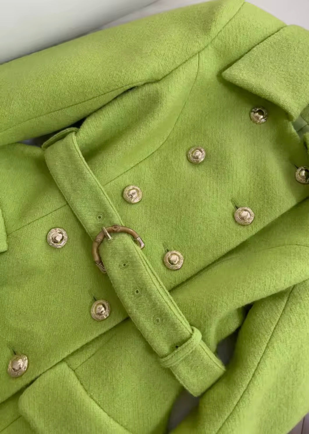 Lime Green Double Breasted Elegant Pleated A-Line Belted Woolen Trench Coat