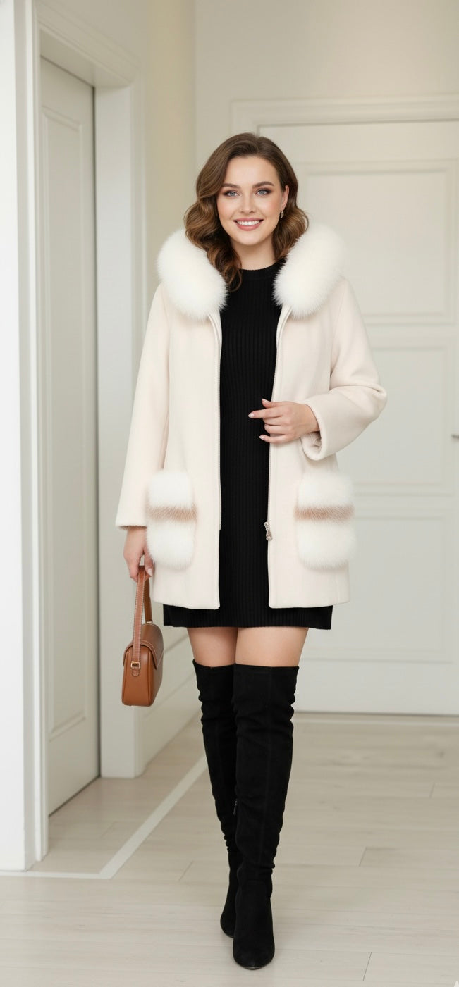 Luxury Cashmere & Fox Fur Hooded Coat | Elegant Winter Coat