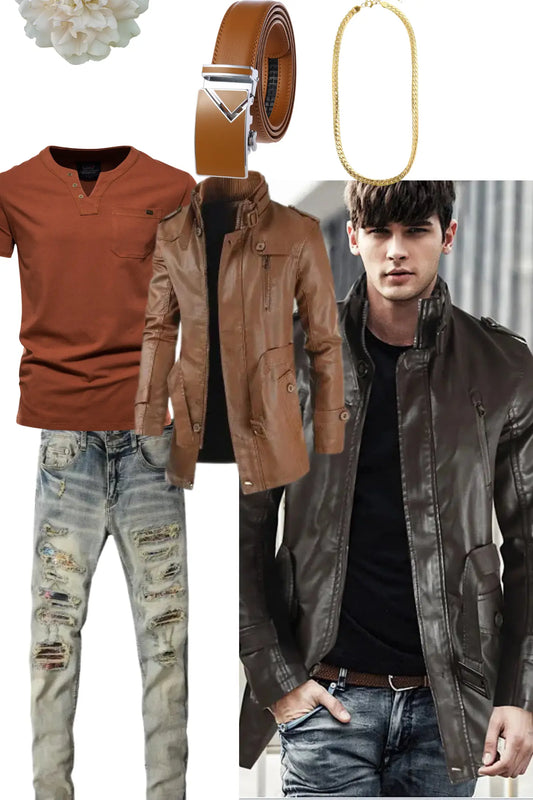Men's patch denim and light brown leather coat Cjdropshipping