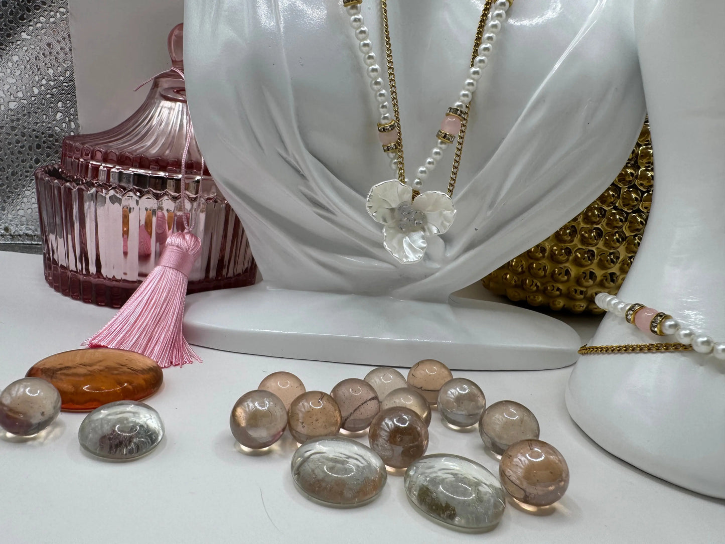 18k gold PVD Artificial pearl and glass beads Necklace with 3D Flower pendant and Bracelet set - JNi3 shop