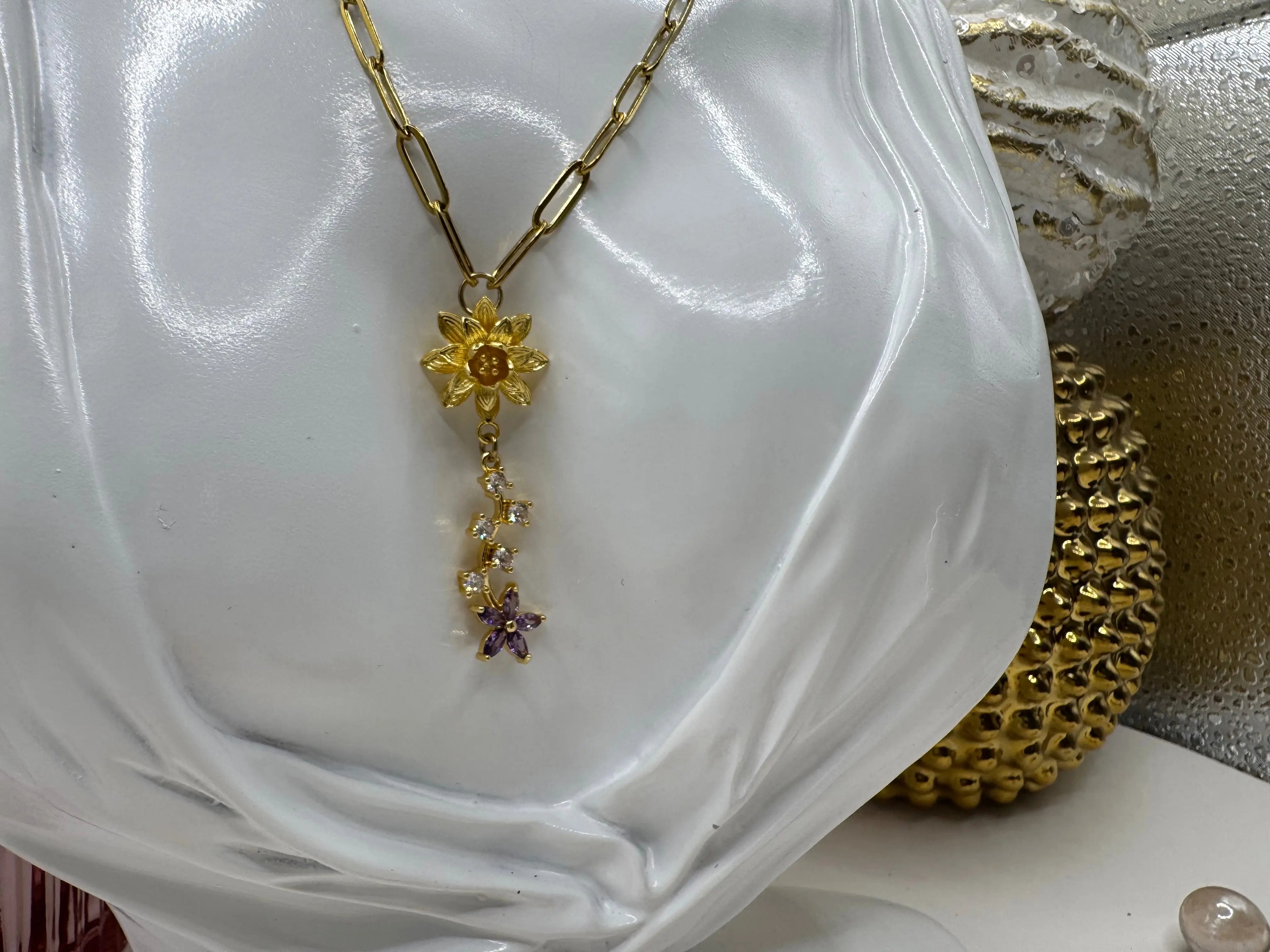 Lavender Bloom Drop – 18k Gold PVD Paperclip Chain Necklace with Floral Crystal Charms - JNi3 shop
