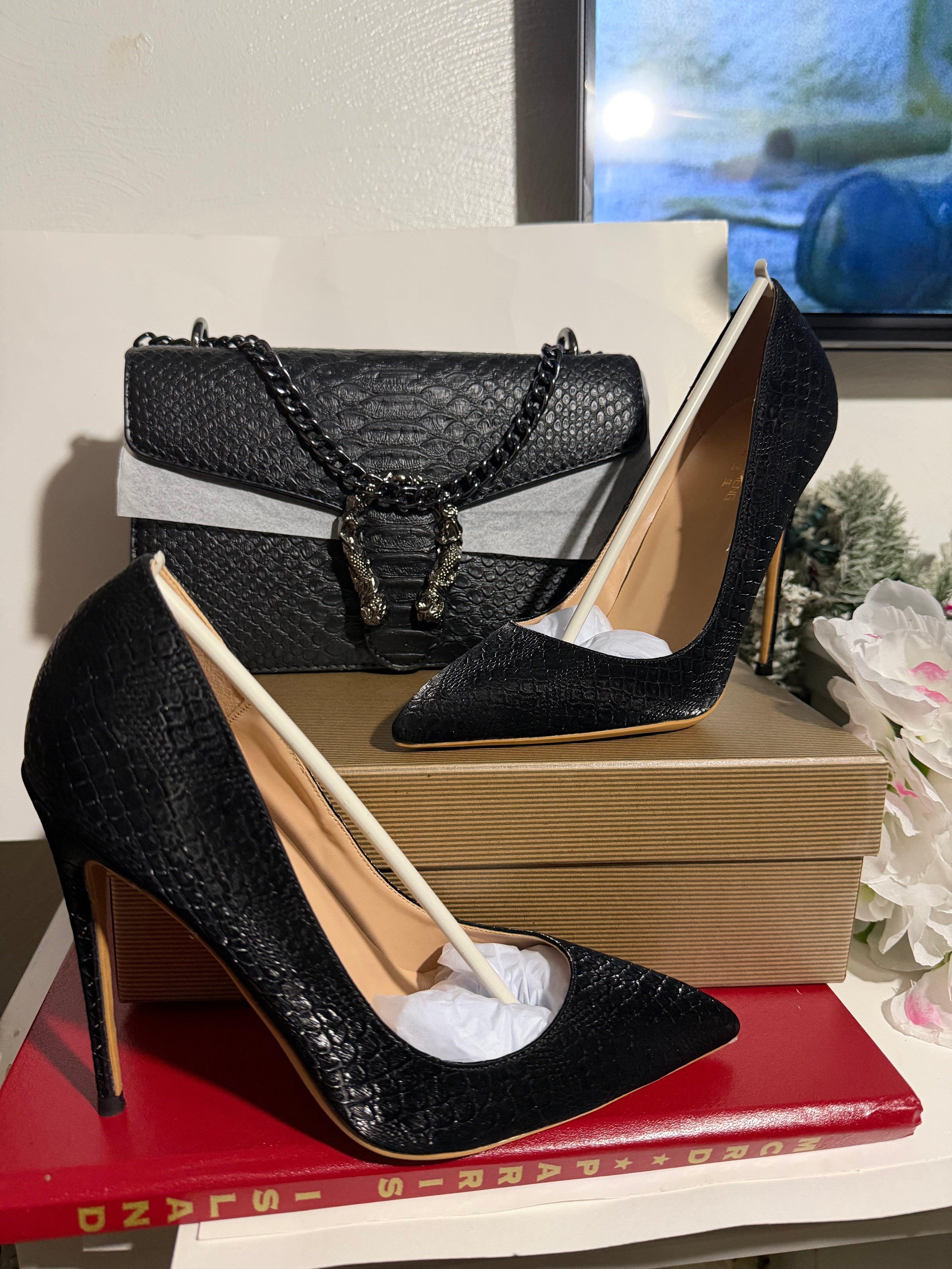 Luxe Croc-Effect Handbag & Stiletto Set - Formal Evening Wear Pumps - Wedding Guest Special Occasion