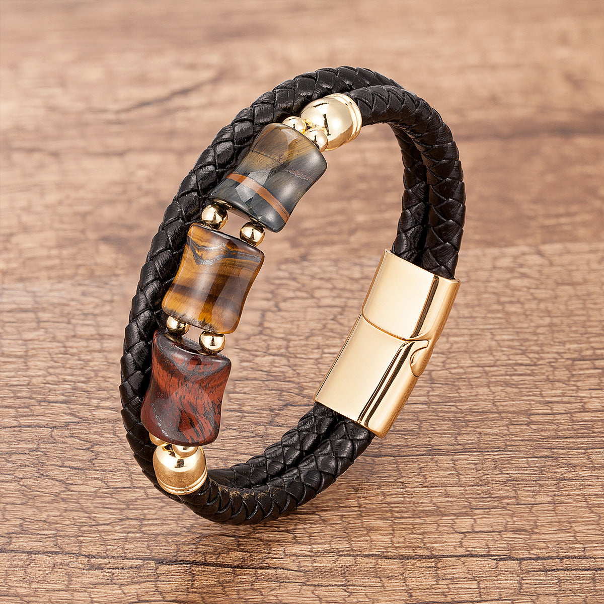 New Bamboo Tiger Eye Stone Handmade Leather Braided Bracelet