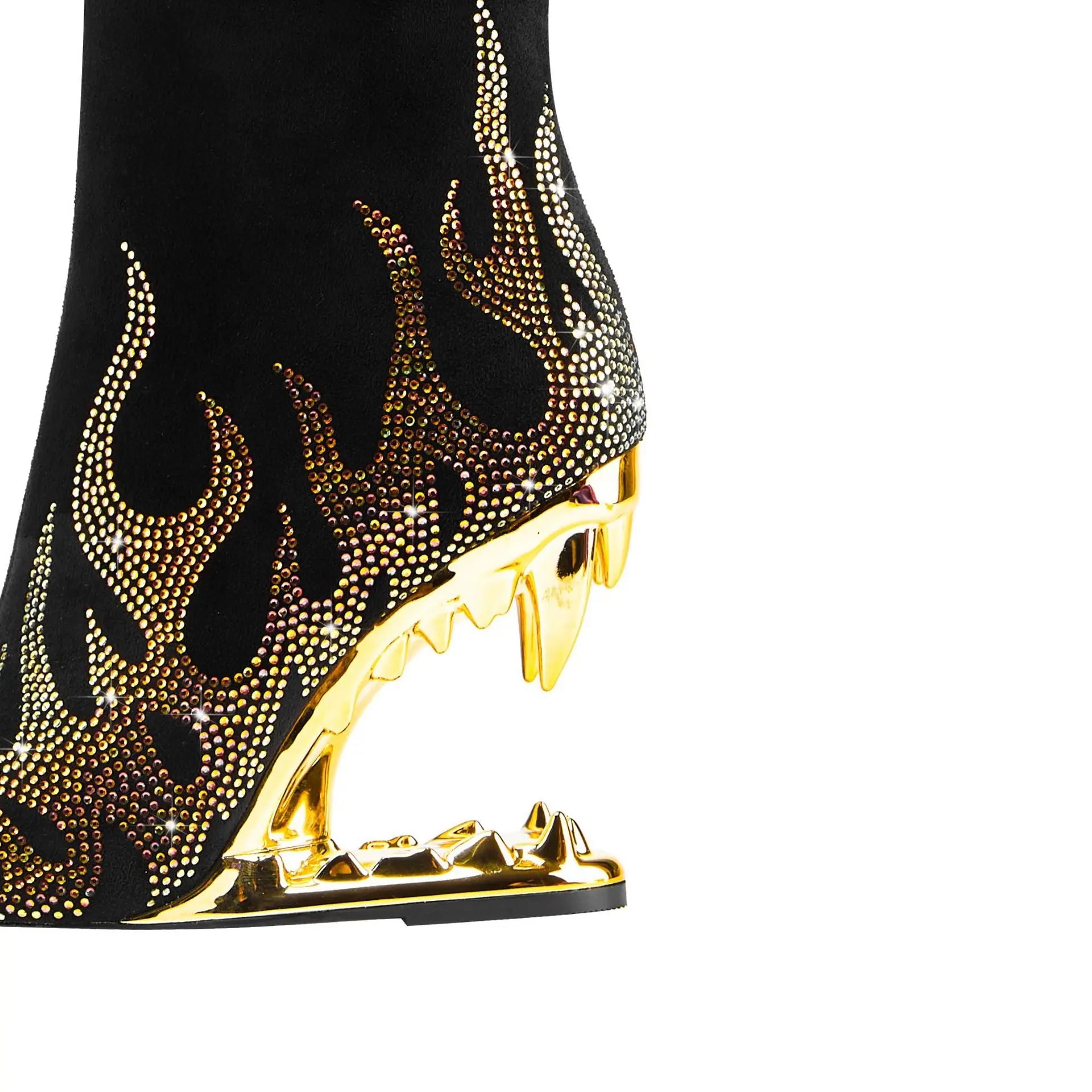European And American Style Tiger Tooth Profiled Heel Skinny Stretch Boots Rhinestone Flame Dropshipman