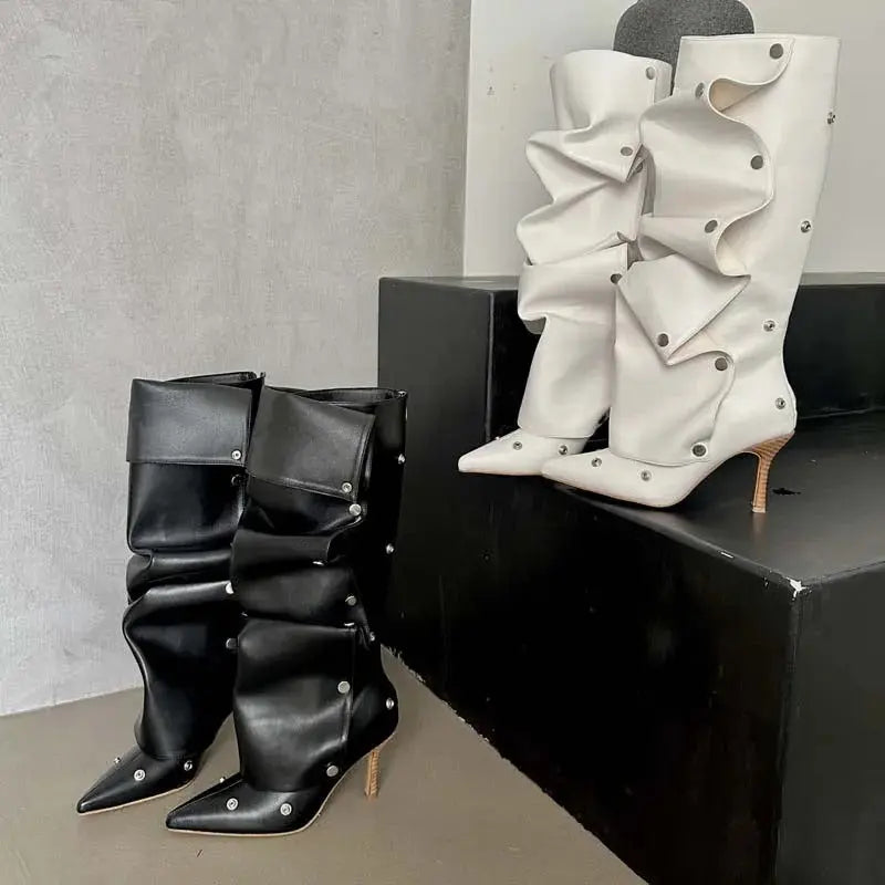 Women's Fashion Buckle Stitching Stiletto Heel Denim Pleated Pile Style Boots Dropshipman