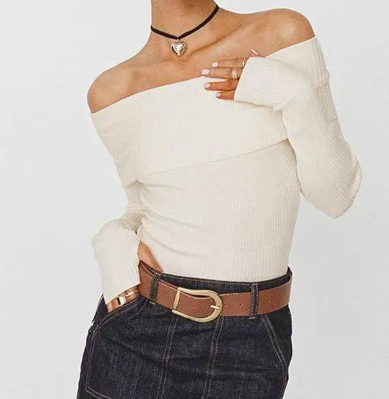 Women's Off-shoulder Solid Color Slim Fit Top JNi3 shop