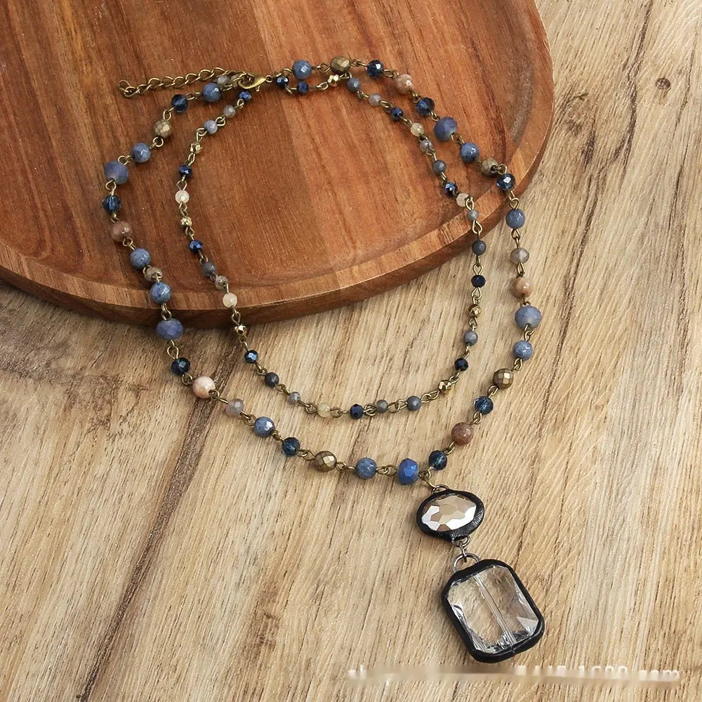 Fashion Tribal Style 2-layer Natural Stone Glass Chain Necklace JNi3 shop