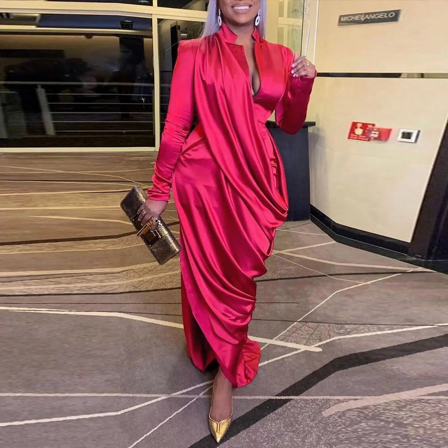 Deep V Pleated Slim-fit Long Sleeve Dress JNi3 shop