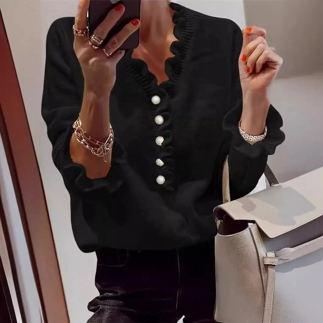 Winter V-neck Ruffled Knitted Sweater Fashion Pullover Long-sleeved Tops For Women JNi3 shop