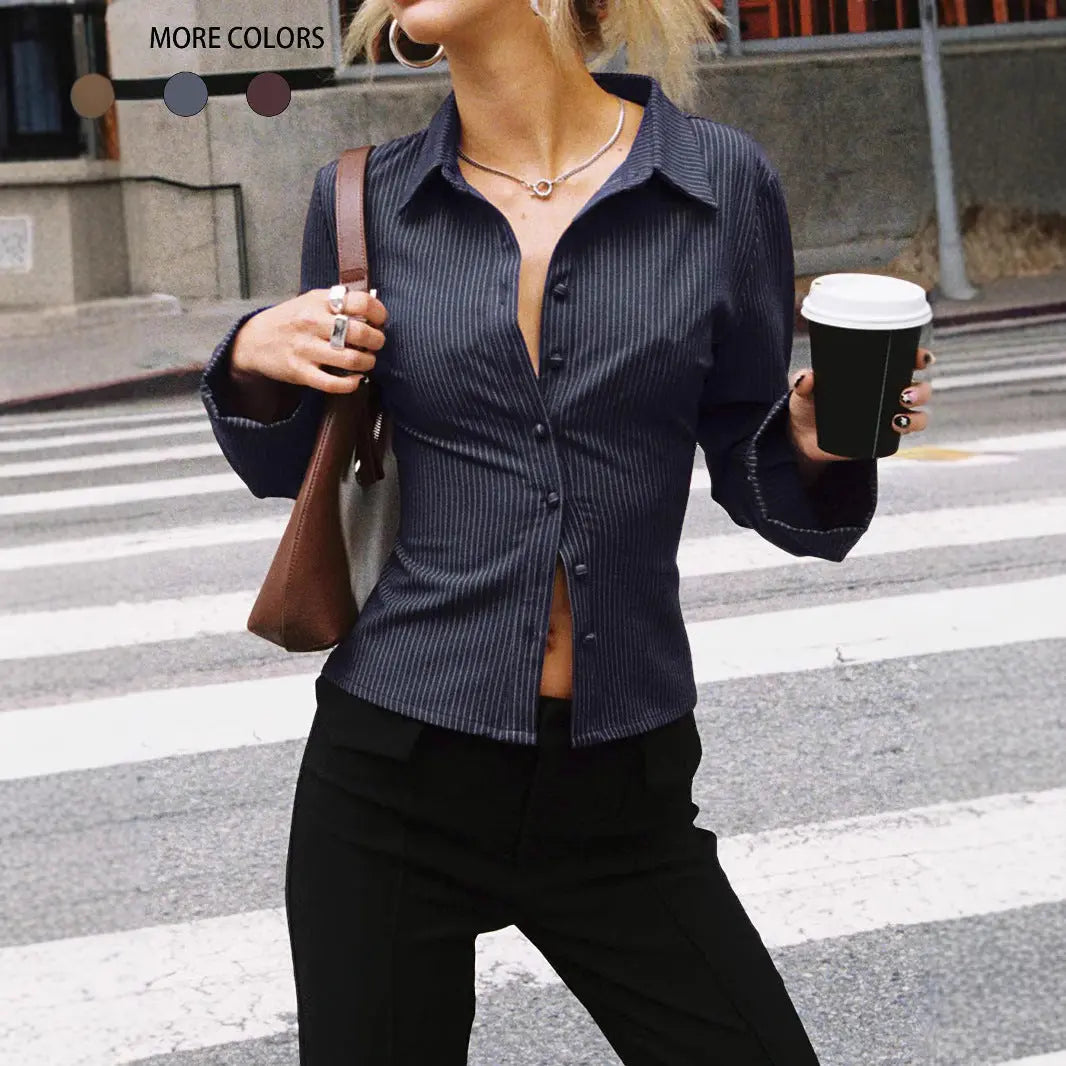 Lapel Breasted Cardigan Long Sleeve Shirt Slim Striped Top JNi3 shop