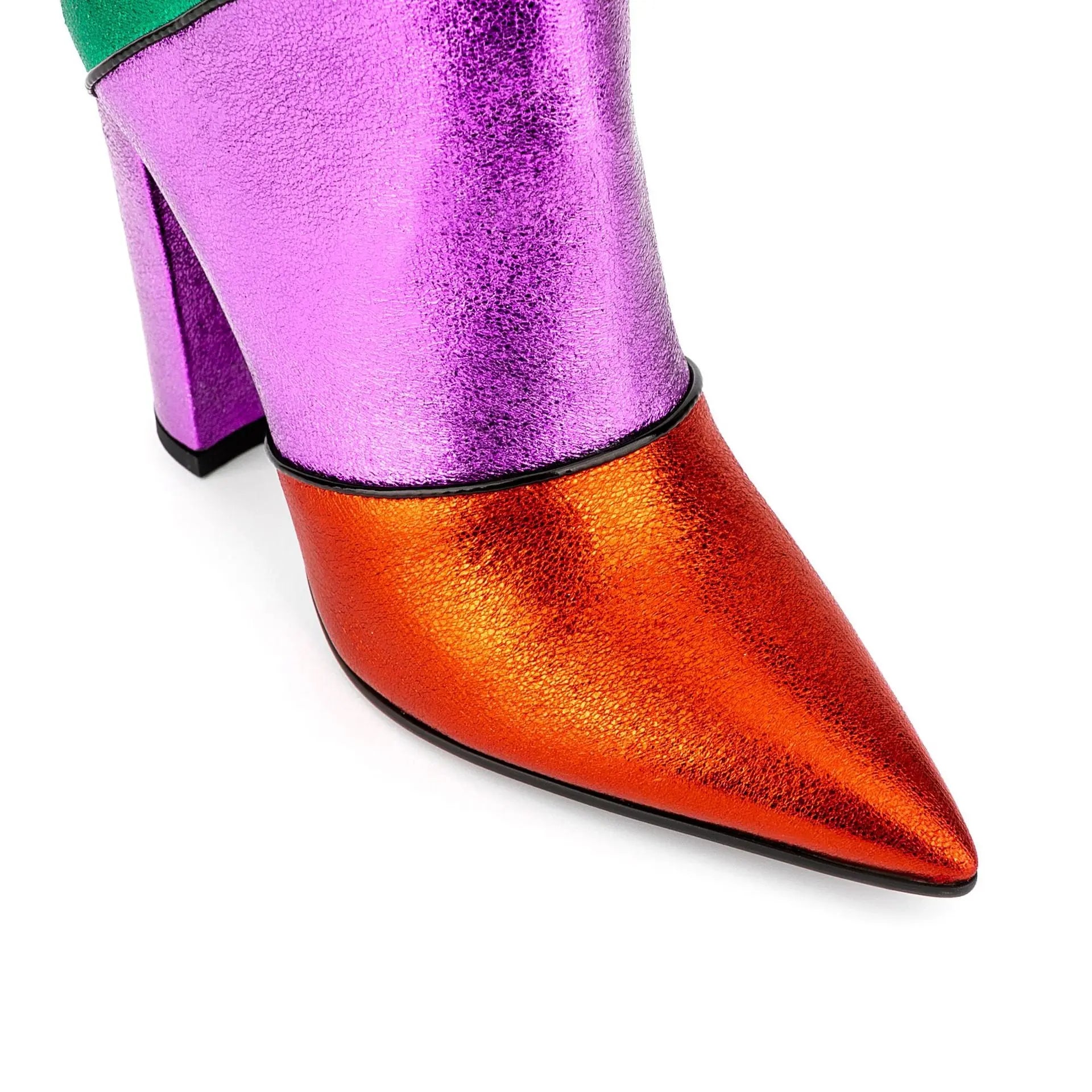 Tribal Card Metal Rainbow Color-blocking Pointed Chunky Heel Middle Boots Dropshipman
