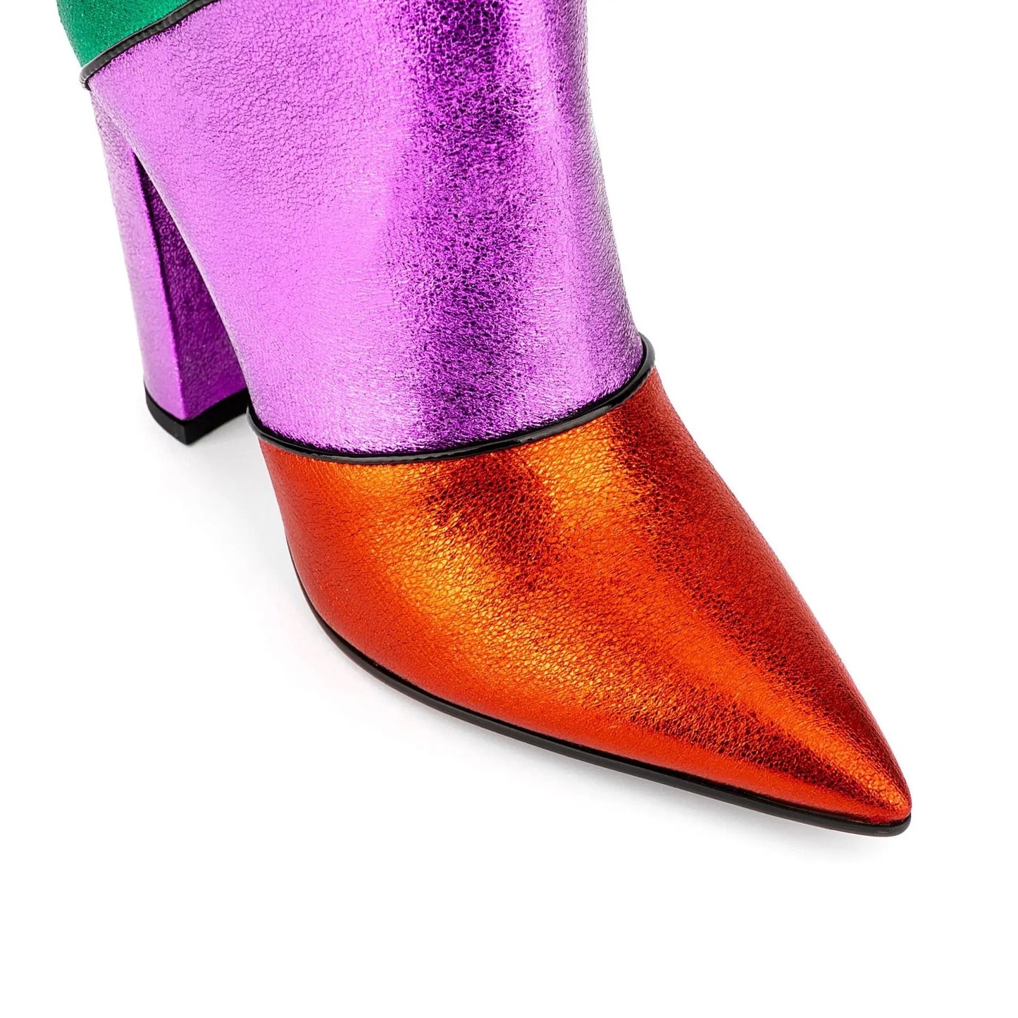 Tribal Card Metal Rainbow Color-blocking Pointed Chunky Heel Middle Boots JNi3 shop