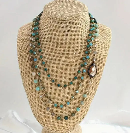 Fashion Bohemian Ethnic Style Multi-layer Natural Stone Glass Chain Curved Needle Necklace JNi3 shop