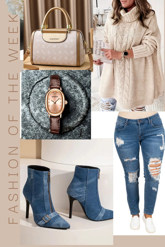 Women's worn jean and beige batwing sweater outfit JNi3 shop