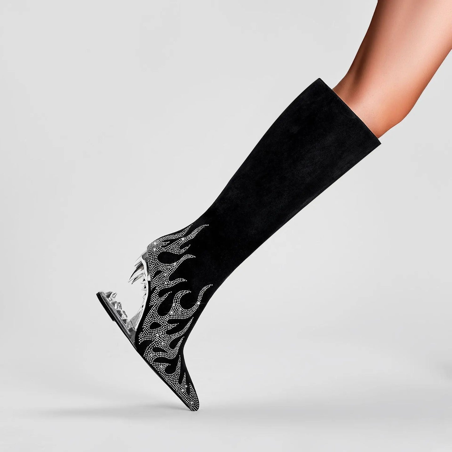 European And American Style Tiger Tooth Profiled Heel Skinny Stretch Boots Rhinestone Flame Dropshipman
