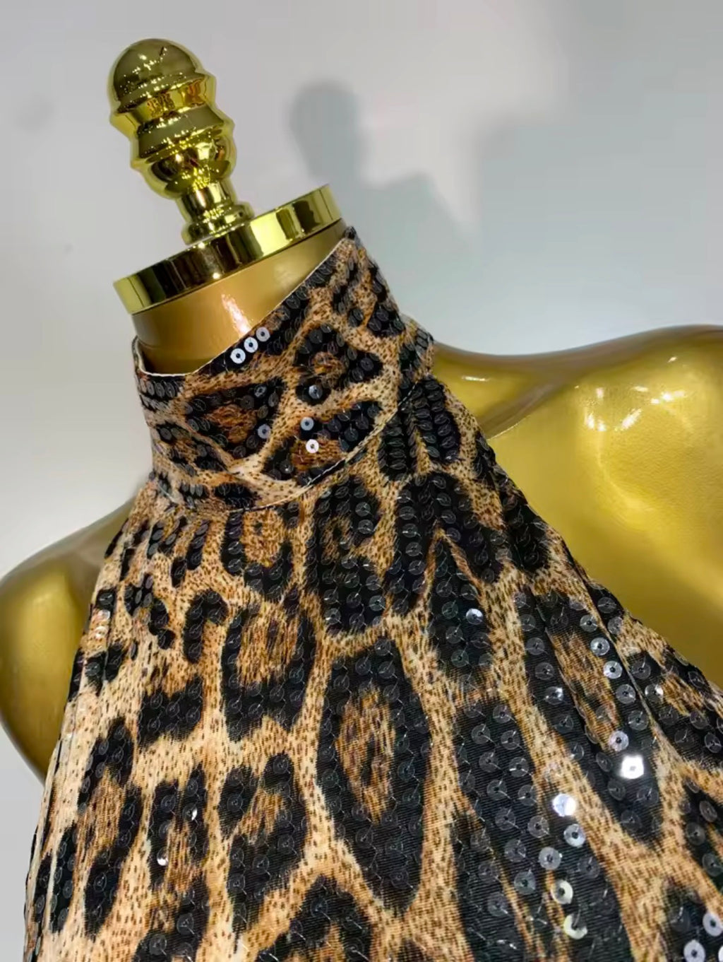 Sequin Leopard Print Prom Dress, Halter Neck Backless Evening Gown, Glam Mermaid High Collar Formal Dress, Animal Print Party Dress