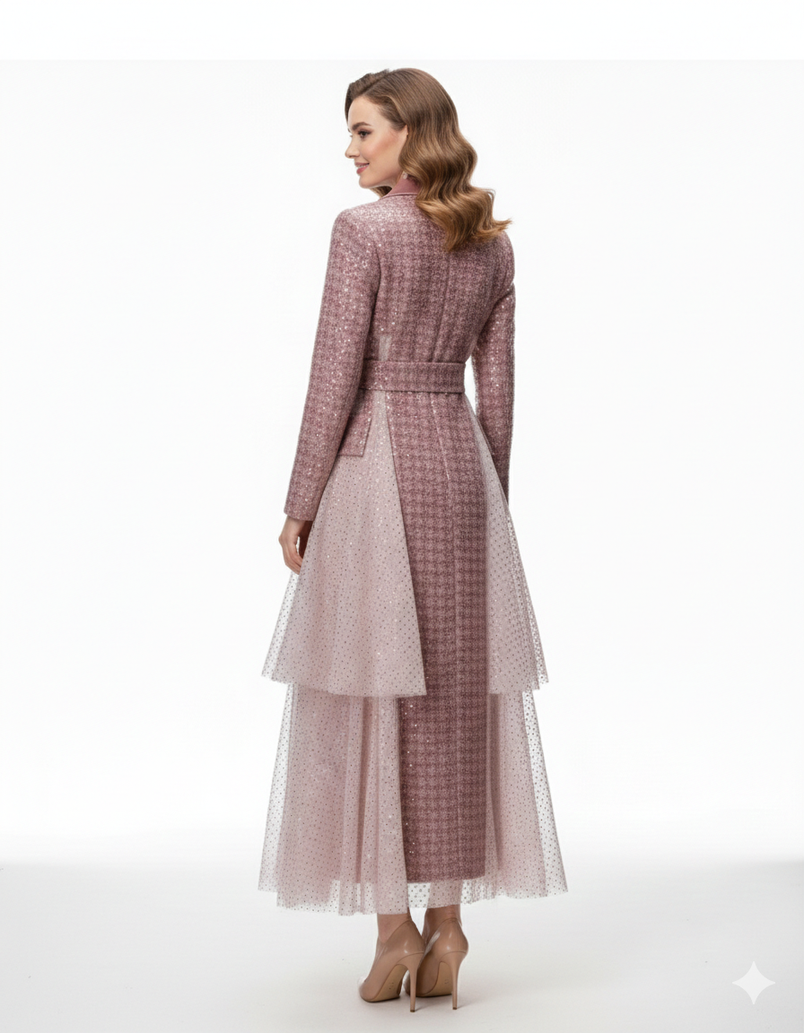 Pink Sequin Tweed trench Coat with Tiered Tulle Hem | Elegant Belted Dress Coat