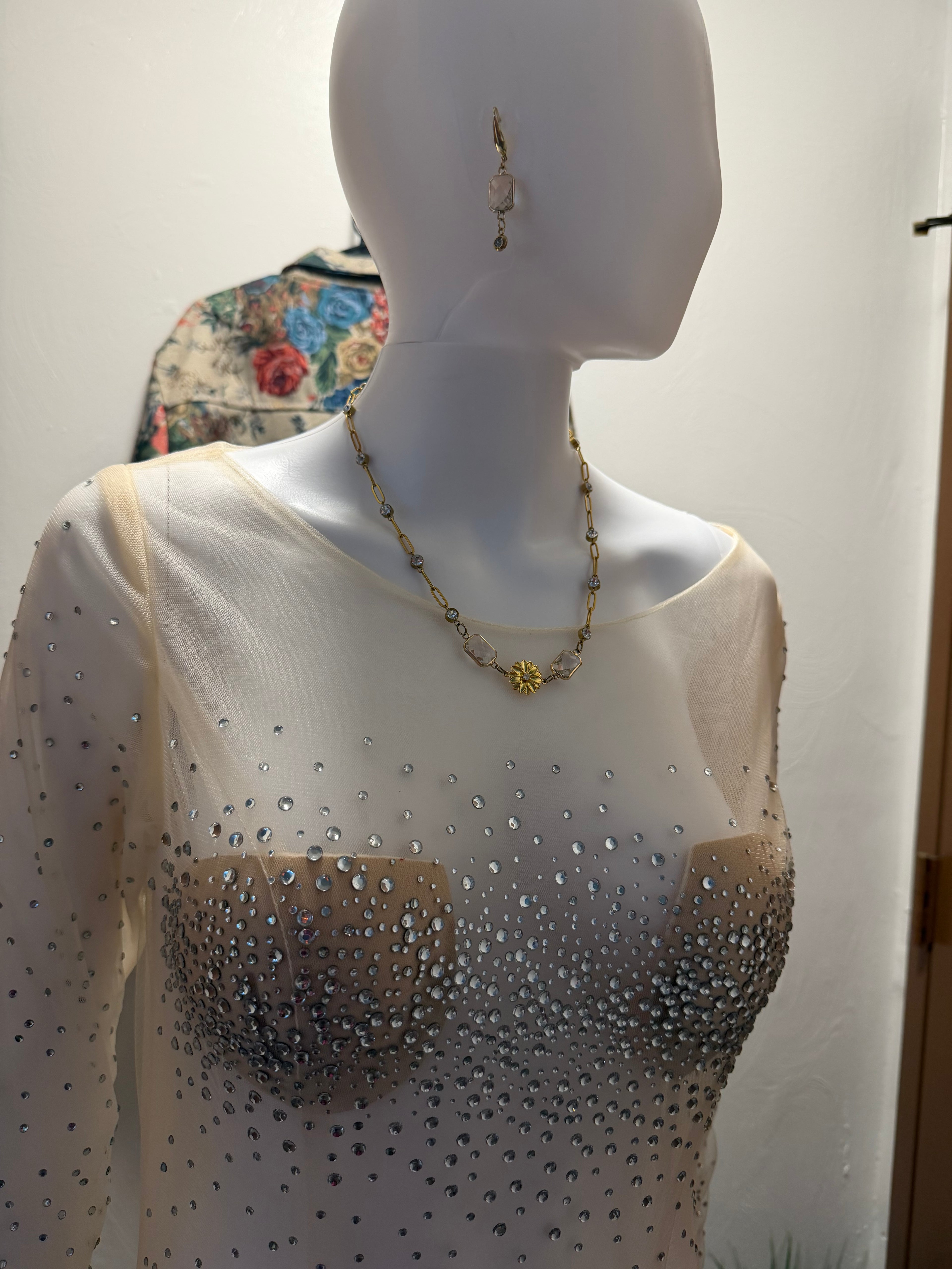 Custom Illusion Beaded Wedding Dress, Sheer Luxury Bridal Gown, Mermaid Silhouette with jewelry set