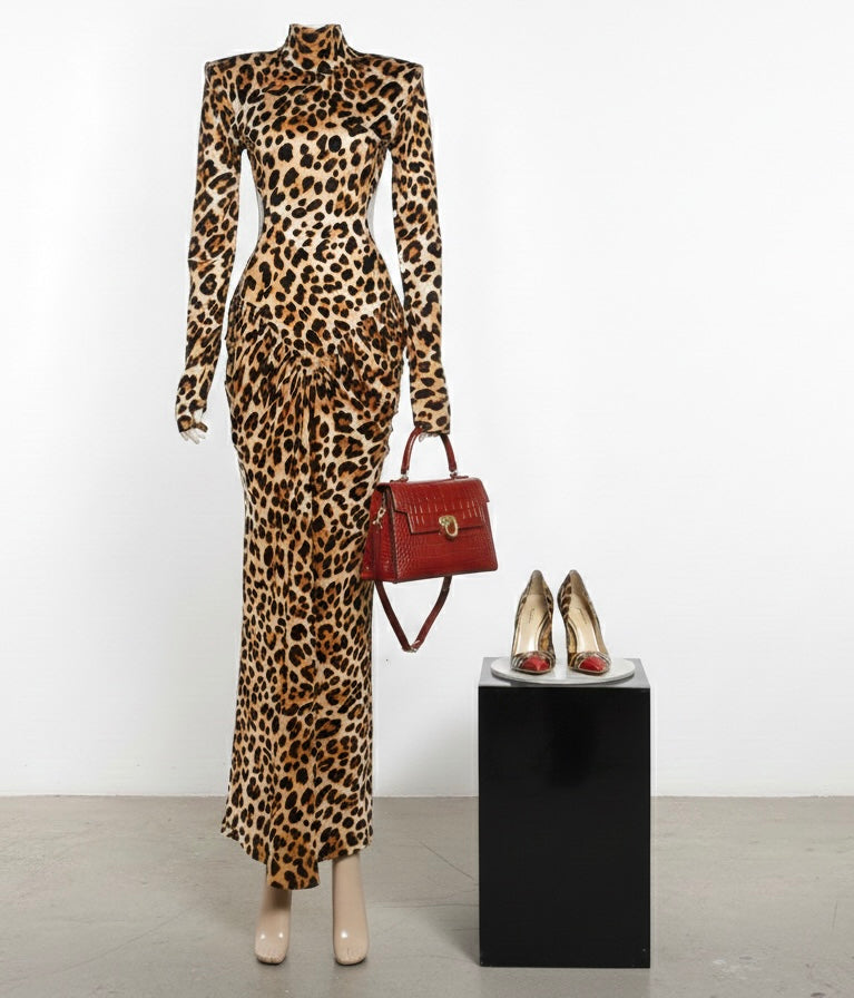 Vintage Leopard Print Maxi Dress Outfit, Red Crocodile Purse & Heels