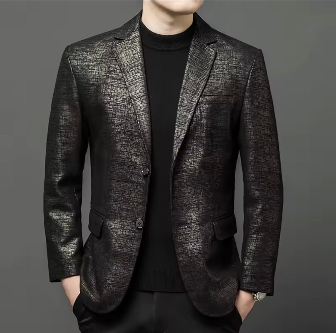Men's Genuine Sheepskin Leather Blazer Jacket, Luxury Textured Pattern Slim Fit Sport Coat, Black Leather Tuxedo Blazer for Men, Gift for Him