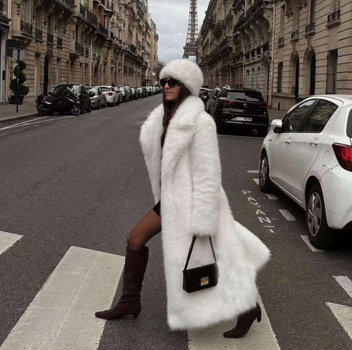 Luxury Women's White Faux Over Coat - Elegant Long Faux Fur Jacket with Oversized Collar for Winter