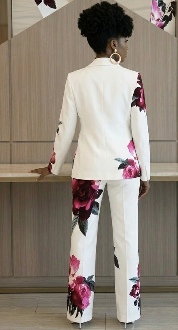 Women’s Floral Print Suit Set, Designer Two-Piece Blazer and Flare Pants, Botanical Garden Party Outfit, Statement Tailored Suit,