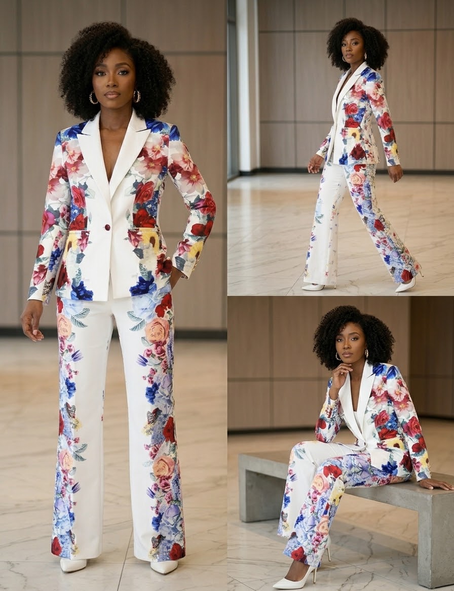 Women’s Floral Print Suit Set, Designer Two-Piece Blazer and Flare Pants, Botanical Garden Party Outfit, Statement Tailored Suit,