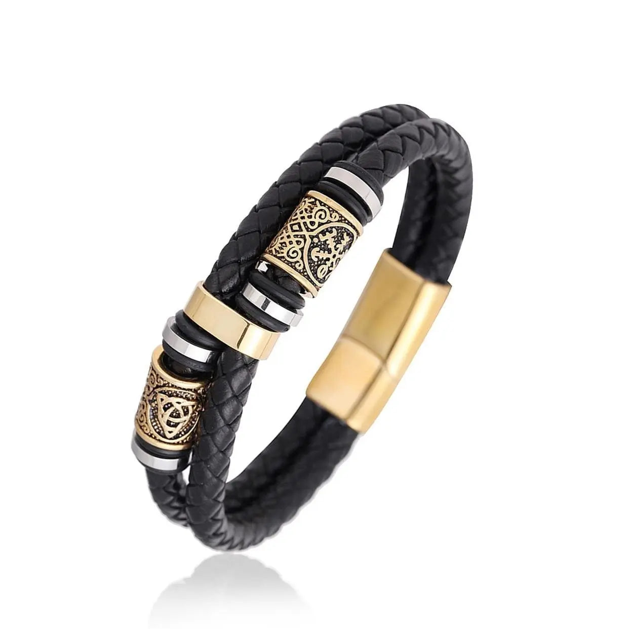 Stainless Steel Gold Double Bar Leather Hand Braided Bracelet Cjdropshipping