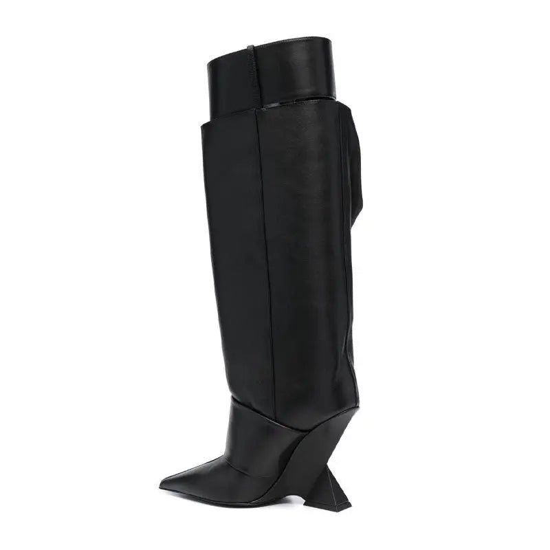 High-profile Wedge Sleeve Pointed Slip-on Strap Large Fastener Boots Dropshipman