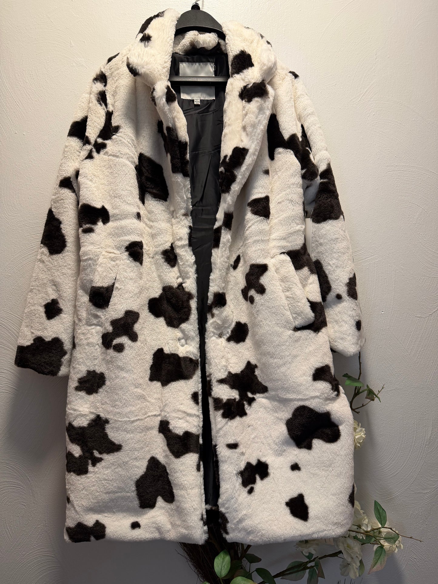 Cow print faux fur coat