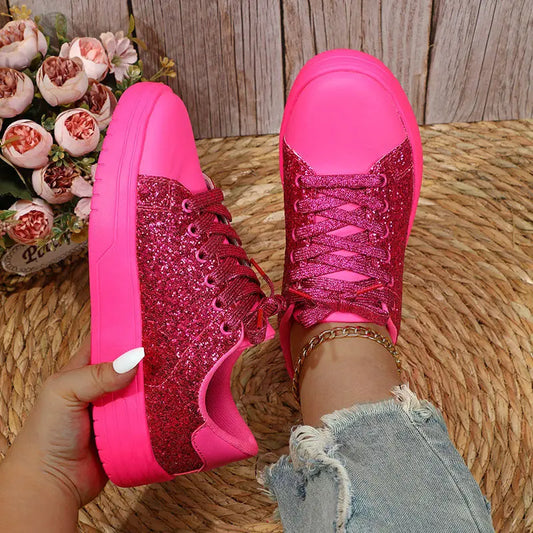 Glitter Sequin Design Flats Shoes Women Trendy Casual Thick-soled Lace-up Sneakers Fashion Skateboard Shoes Dropshipman