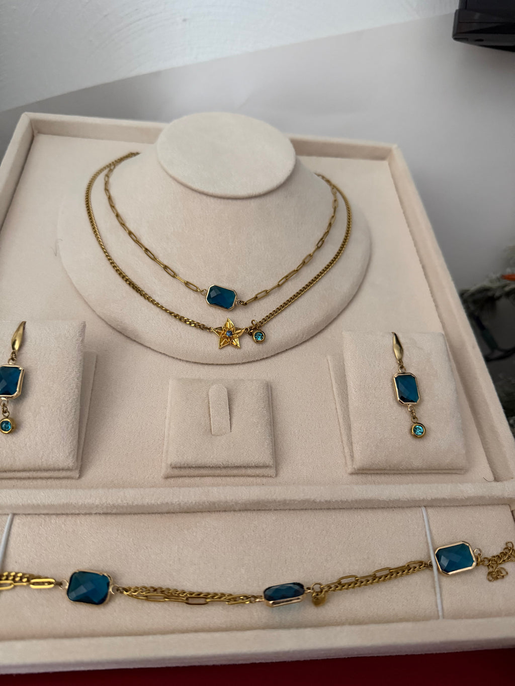 18k Gold PVD Birth Month double layered pendant Necklace, Bracelet and Earrings 3 pce set.