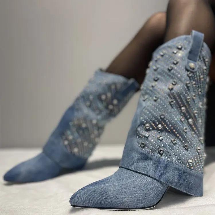 Heavy Industry Pointed Toe Stiletto Rhinestone Women's Boots Jeans Pipe Boots Cjdropshipping