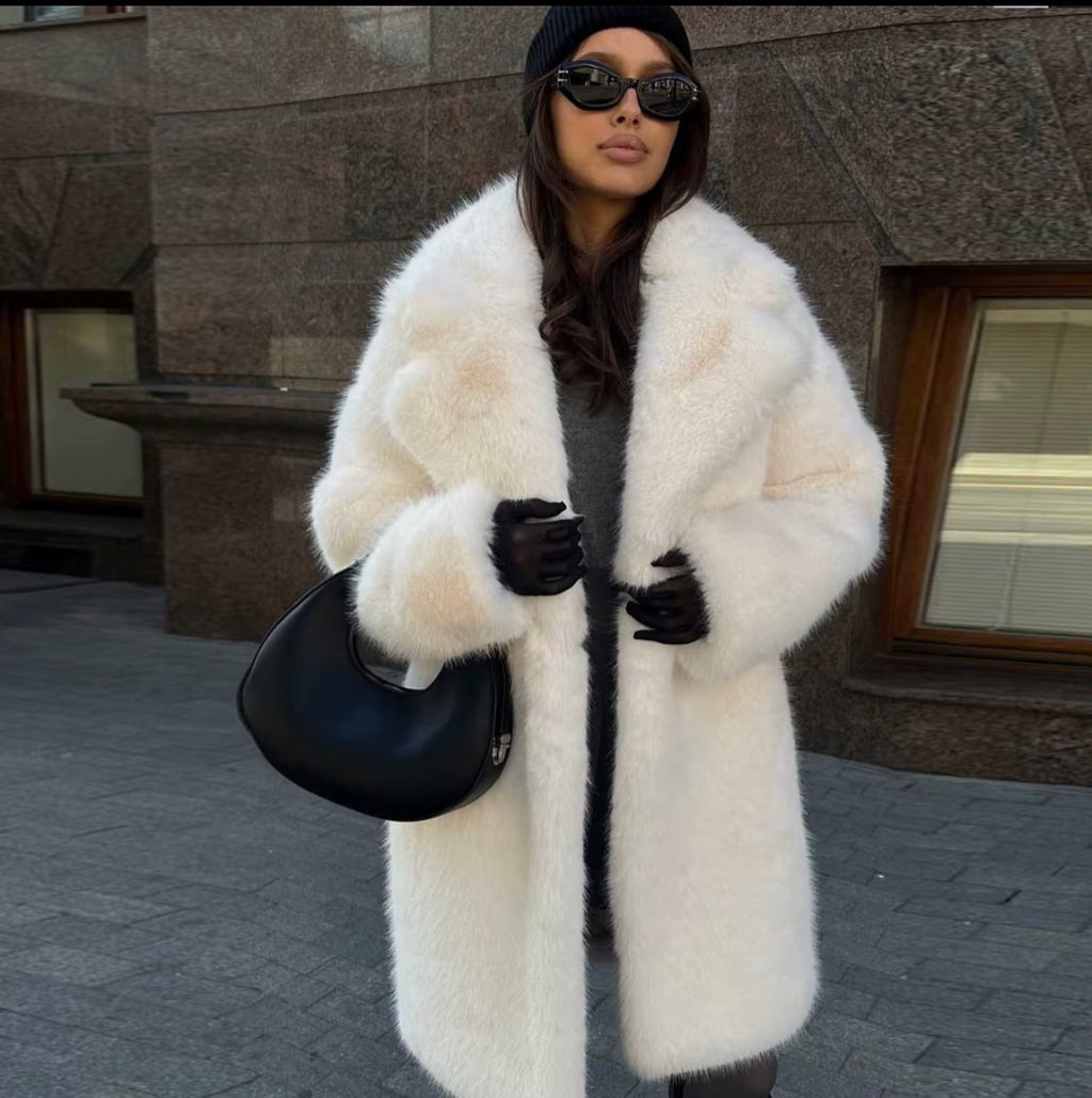 Luxury Women's White Faux Over Coat - Elegant Long Faux Fur Jacket with Oversized Collar for Winter