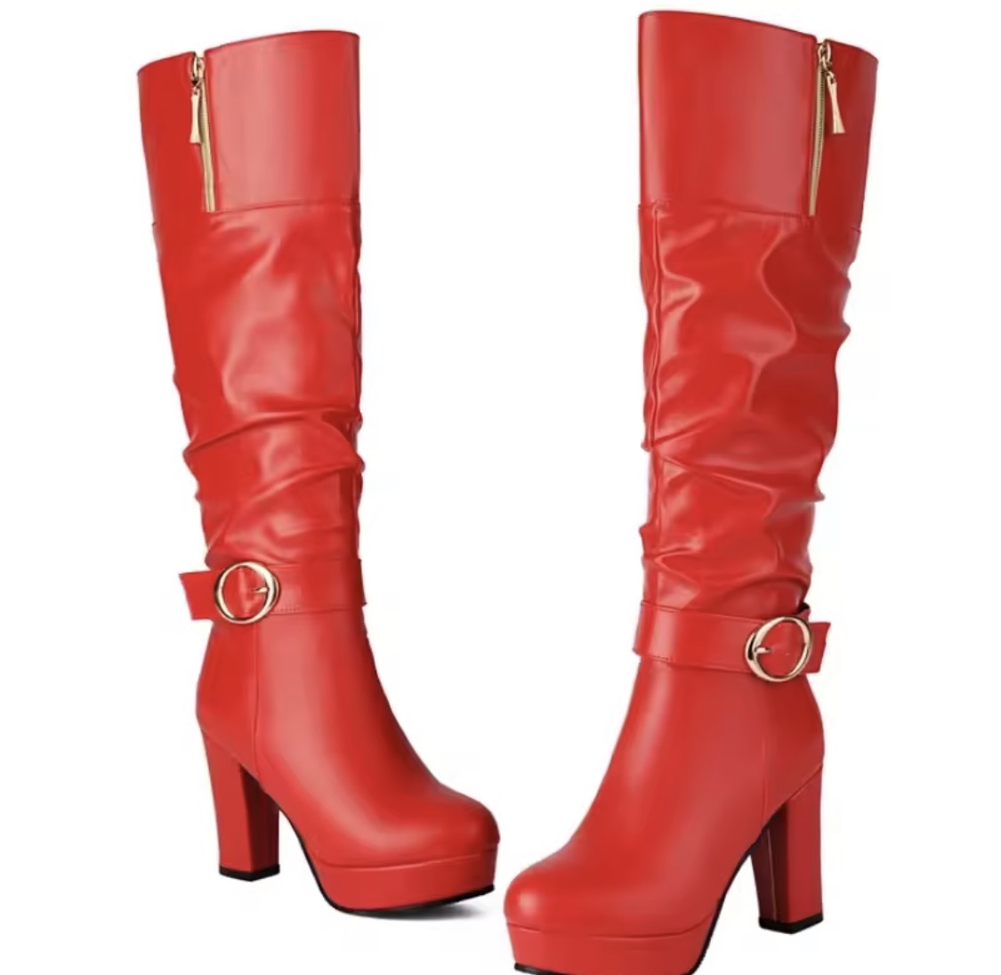 Women's Slouchy Knee High Boots Chunky High Heel Platform Buckle Strap Long Boots Side Zipper Dress Booties