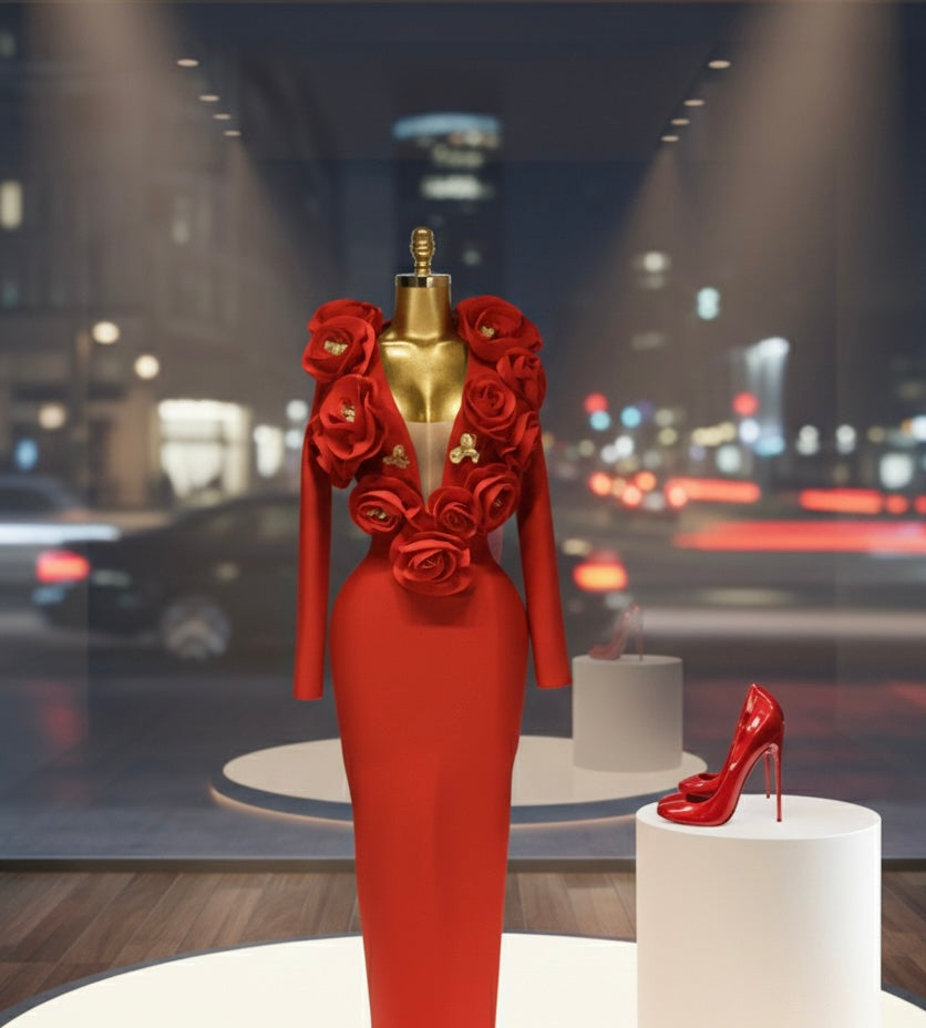 3D Rose V-Neck Bandage Dress & Laser Heels | Gala Outfit